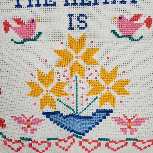 2/$25 80s Cross Stitch Sampler Home Is Where The Heart Is 16.5 x 13.5" Completed - Picture 3 of 9